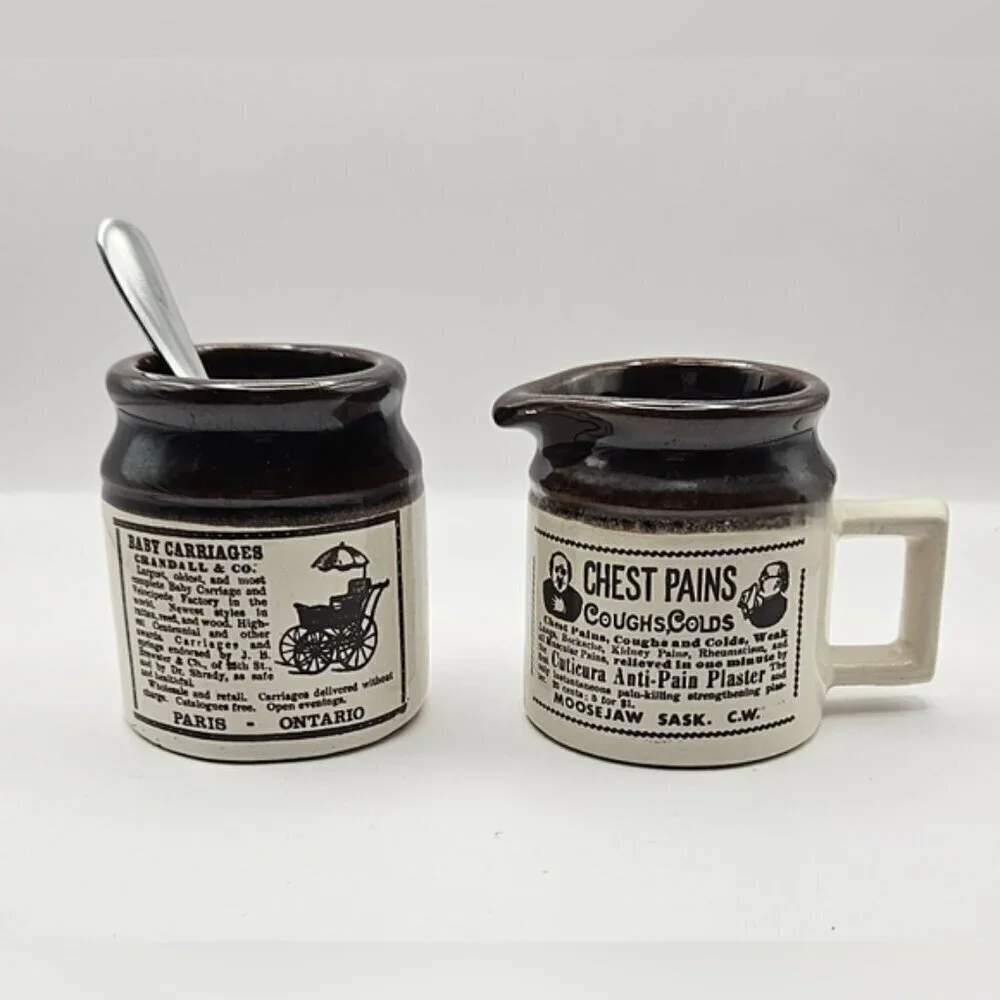 Vintage Ye Olde Canadian Stoneware Cream & Sugar Set with Sugar Spoon.